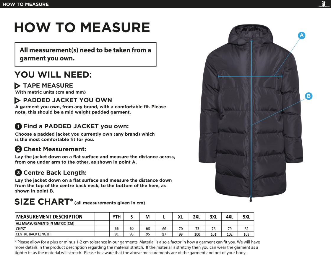ACTIVE LONG PADDED JACKETS BLACK - Size Guide