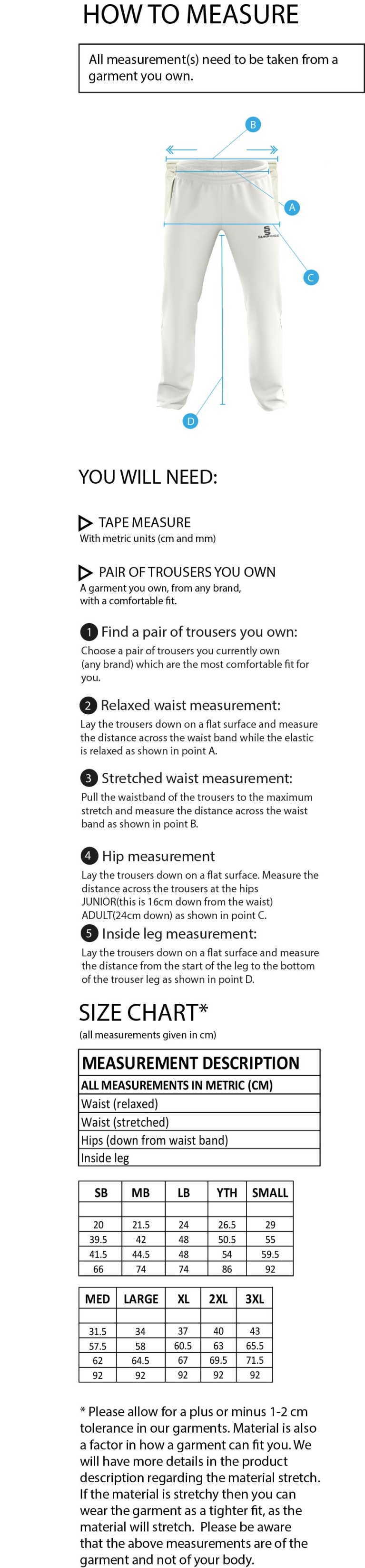 Standard Playing Pant - Size Guide